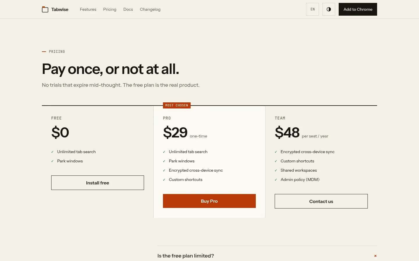 Pricing — one-time, free and team plans
